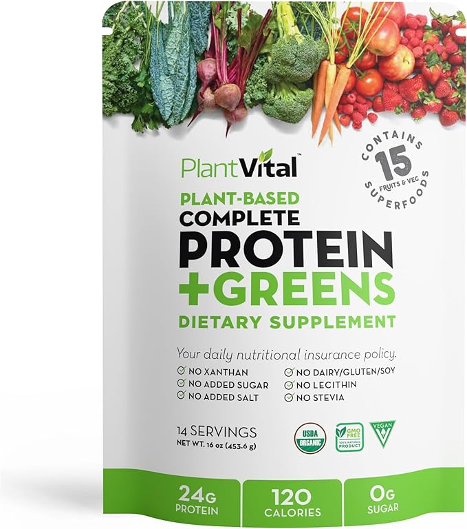 Plantvital Unflavored Organic Vegan Protein Powder - 15 Superfoods Veggies and Probiotics - Organic Plant-Based Protein Powder - All BCAA’s Gluten Free - 16oz -1 Pouch