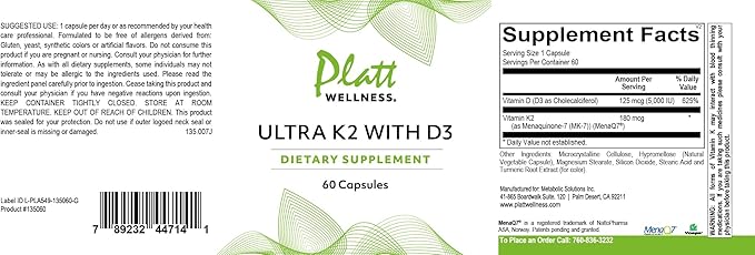 Platt Wellness Ultra K2 with D3 – Vitamin K2 (MK-7) + Vitamin D3 Supplement – 60 Capsules