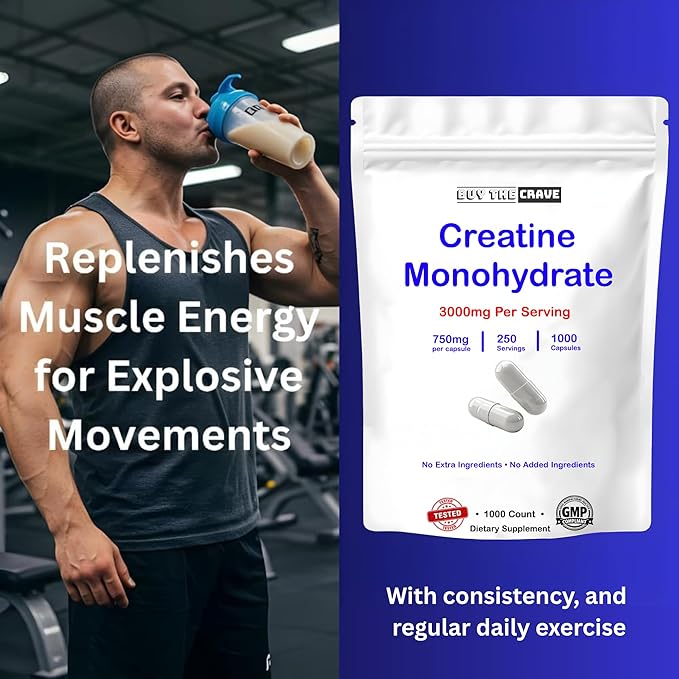 Micronized Creatine Monohydrate 1000 Capsules 250 Servings 750mg of Creatine Monohydrate Per Capsule 3000mg Per Serving