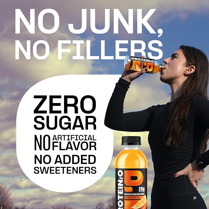 Protein2o Hydration Drink - 2-in-1 Liquid Clear Whey Protein Isolate and Electrolyte Drink - 20g Protein Vitamins B5 B6 - Post-Workout Recovery - 16.9 Fl Oz - 12 Count Orange Mango