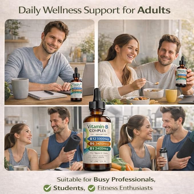 Vitamin B12 Complex Liquid Drops Sublingual B Complex with B12 B6 B1 Niacin &amp Folic Acid for Metabolic Health &amp Energy Support Vegan | Non-GMO | Gluten Free 60ml/2 fl oz 60 Servings (1