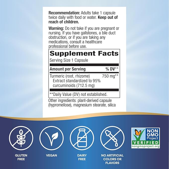 Nature's Way Premium Extract Turmeric Max Potency‡ Standardized to 95% Curcuminoids 750 mg per serving 60 VCaps