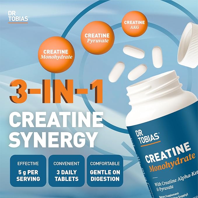 Dr. Tobias Creatine Monohydrate Pills | 5g Complex with Creatine Alpha-Ketoglutarate &amp Pyruvate | Muscle Strength Energy &amp Recovery | 90 Tablets
