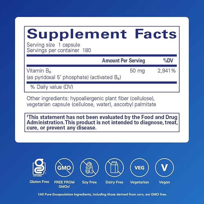 Pure Encapsulations P5P 50 - Active Vitamin B6 - Supports Energy Metabolism &amp Brain Health* - Gluten Free &amp Non-GMO - 180 Capsules