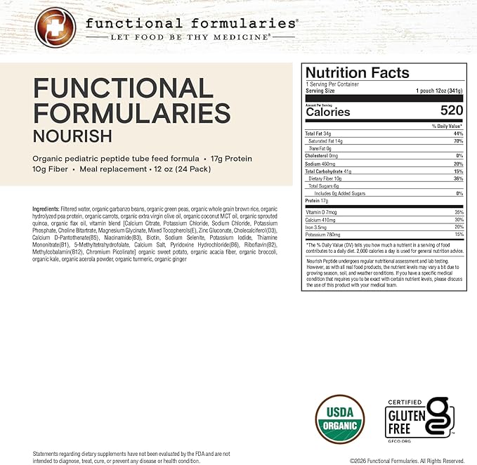 FUNCTIONAL FORMULARIES Nourish Organic Pediatric Peptide Tube Feed Formula 17g Protein 10g Fiber Meal Replacement 12 Oz (24 Pack)