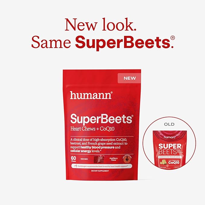 Humann SuperBeets Heart Chews + CoQ10-100mg of CoQ10 Plus Beetroot &amp Grape Seed Extract Blood Pressure Cellular Energy &amp Heart Health Support 120 Count