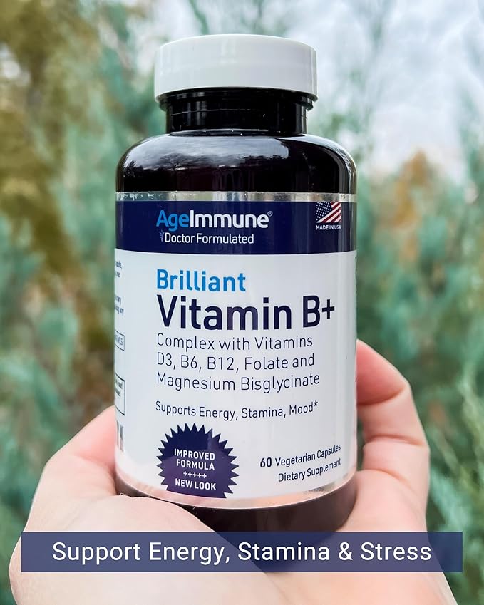 AgeImmune Vitamin B Complex with Vitamin D3 B12 B6 Magnesium Bisglycinate and Folate as Methylfolate - Doctor Formulated Methylated B Complex Supplement – 60 Capsules - Without Niacin