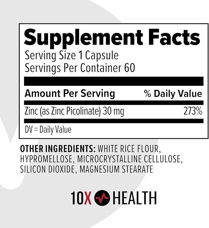 10X Health Zinc Supplements - Contains Zinc 30mg for DNA &amp Protein Synthesis Overall Wellness &amp Immune Support Supplement - Highly Absorbable Vitamins (60 Capsules)