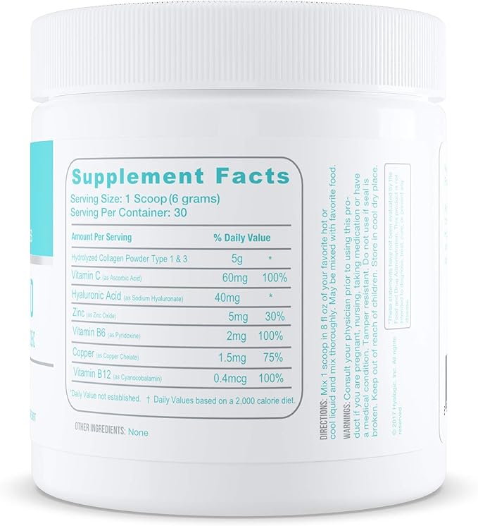 HA Professionals –Collagen Powder Supplement for Skin &amp Joints Hyaluronic Acid + Zinc + Copper + Vitamins B6 B12 &amp C - Hydrolyzed Bovine Collagen Types 1 &amp 3 Unflavored Easy Mix - 6.4