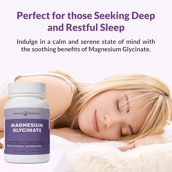 Natural Wellness Magnesium Glycinate – High Absorption Magnesium Supplement for Relaxation Restful Sleep Bone &amp Heart Health and Muscle Function – Gentle on Stomach 180 Vegetarian Capsules