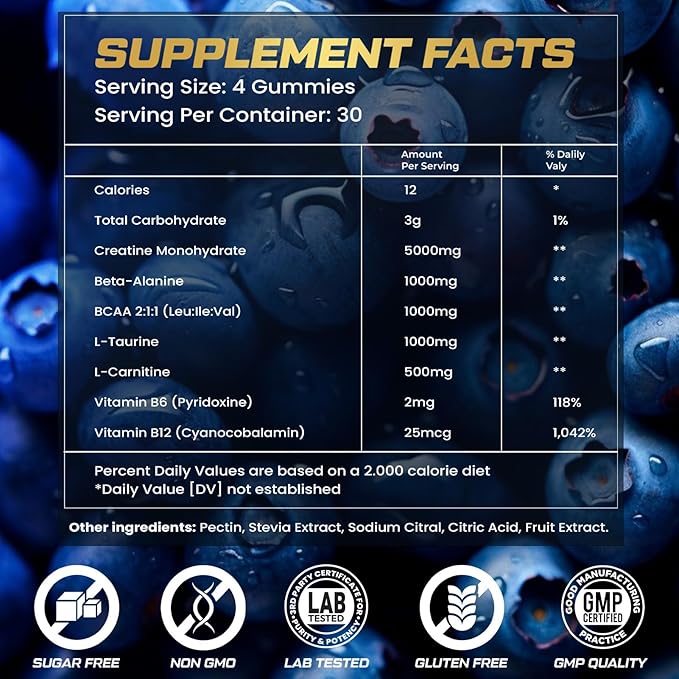 Creatine Monohydrate Gummies for Men &amp Women 9000MG Creatine Gummies Sugar Free with L-Taurine BCAA 2:1 B12 B6 for Boost Strength Focus &amp Endurance Vegan Non-GMO Blueberry 120pcs