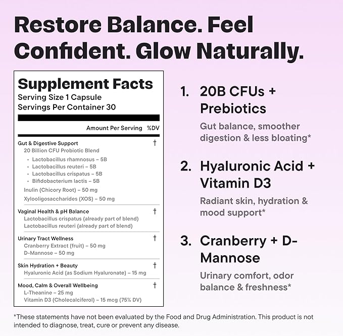 Women’s Probiotic 20 Billion CFU – 5-in-1 Daily Support for Digestive Vaginal &amp Urinary Health – with Cranberry D-Mannose Prebiotics &amp Hyaluronic Acid – 30 Capsules