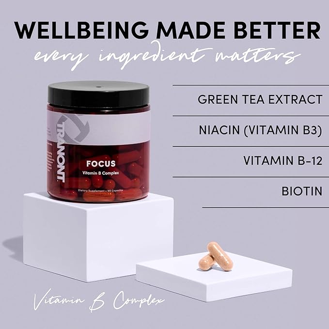 Tranont Focus Vitamin B Complex - Enhance Mental Clarity Energy and Immune Health with Natural Supplements Green Tea &amp Lion's Mane Mushroom Supplement - Vegan Gluten-Free - 90 Capsules