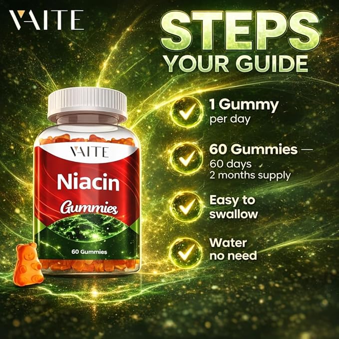 VAITE Niacin (Vitamin B3) 1000mg Supplement – Antioxidant &amp Energy Support Nicotinic Acid for Nutrient Conversion &amp Skin Hydration Sugar-Free 60 Vegan Gummies Non-GMO Daily Chewable