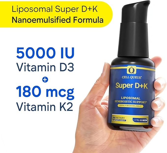 Super D+K Liposomal Vitamin D3 K2 Liquid Drops 5000 IU D3 &amp 180 mcg MK-7 K2 Supplement Advanced Nanoemulsion Formula for Maximum Absorption Immune Support Bone Health &amp Heart Health