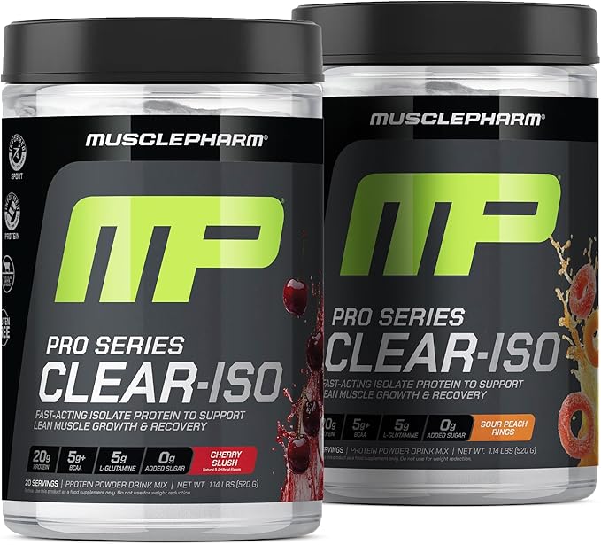 Muscle Pharm Pro Series Clear-ISO Clear Whey Protein Isolate Bundle (Cherry Slush + Sour Peach Rings) | 20g Whey Isolate + BCAAs + EAAs + L-Glutamine (20 Servings Each)