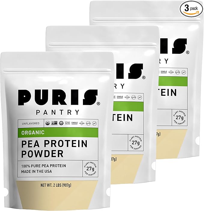 PURIS Organic Pea Protein Powder – USDA Organic Vegan Protein | 27g Plant Protein Per Serving | Non-GMO Gluten-Free Soy-Free | Clean Label | Smooth Taste | 2 lb (3 Pack)