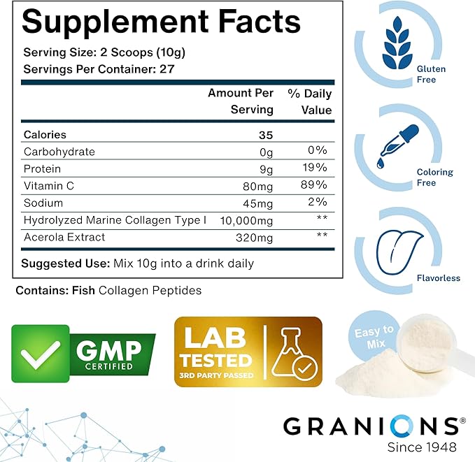 Marine Collagen Powder Unflavored - 10g Type I Hydrolyzed Collagen Peptides with Natural Acerola Vitamin C Antioxidant - Hair Skin Nails Vitamins for Women &amp Men- Pro-Aging Beauty Supplement - 9