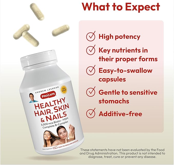 ANDREW LESSMAN Healthy Hair Skin and Nails 240 Capsules - 3000 mcg High Bioactivity Biotin B-Complex. Promotes Beautiful Skin Strong Nails. No Additives Hair Growth Vitamins Biotin Supplement