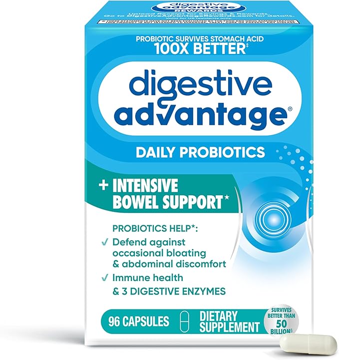 IBS Daily Probiotic Capsules for Digestive Health &amp Gut Health Digestive Advantage Probiotics For Men and Women (96 count box) - Digestible Enzymes