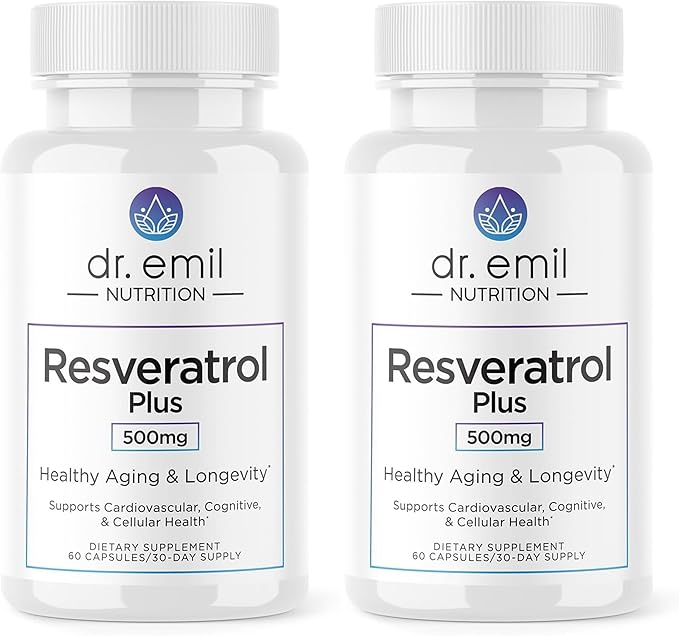 DR. EMIL NUTRITION Resveratrol Supplement - Healthy Aging Supplement with 500mg Resveratrol and 100mg Quercetin - Supports Normal Cellular &amp Cognitive Health Twin Pack