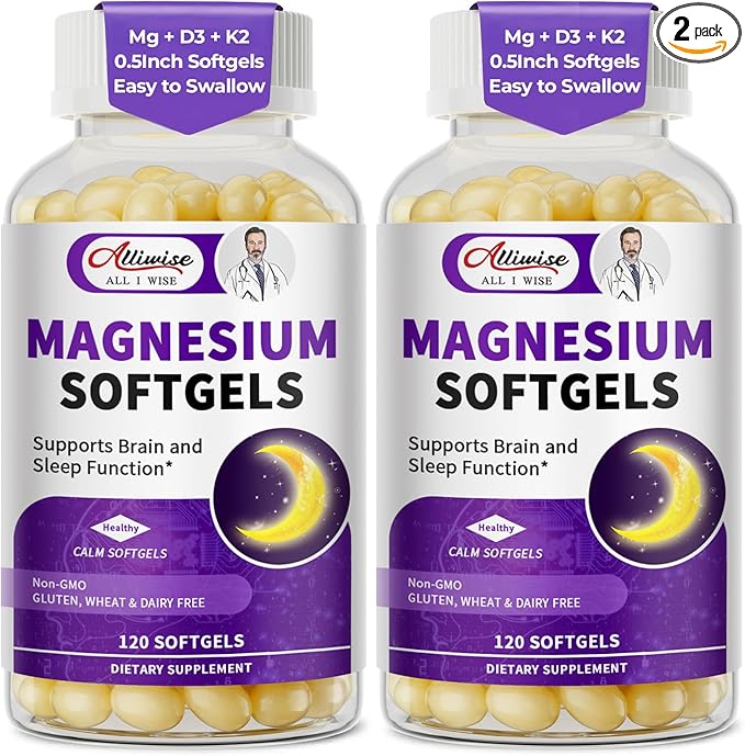 2 Pack High Absorption Magnesium Glycinate 400mg Softgels Supplement Magnesium with Calcium - Highly Bioavailable - with Vitamin D3 &amp K2 for Sleep Mood Brain Support