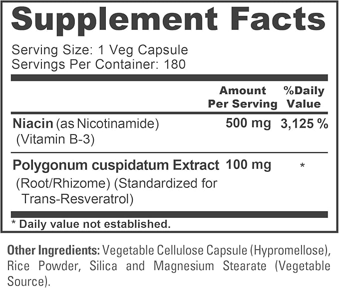 NusaPure Nicotinamide with Resveratrol (Vitamin B-3) 500 mg - 180 Vegetarian Caps (Non-GMO &amp Vegan)