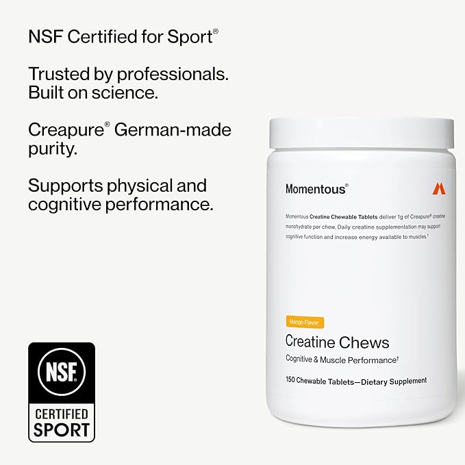 Momentous Creatine Chews - Creatine Monohydrate - Supports Strength Lean Muscle &amp Recovery for Men &amp Women - NSF Certified for Sport - 150 Chewable Tablets - Mango