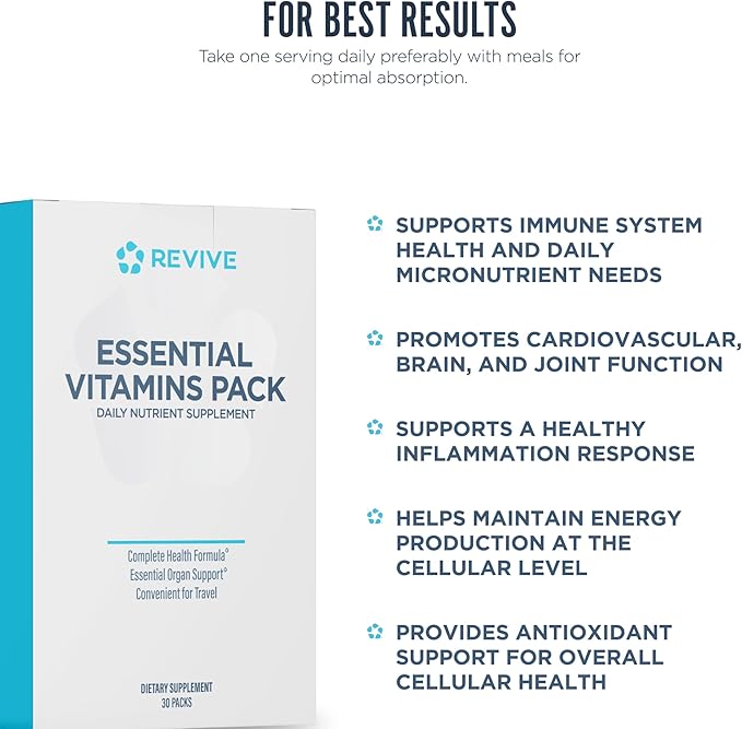 Revive MD Essential Vitamin Packs for Men &amp Women – Daily Multivitamin Packets with Arjuna &amp Turmeric Extract – Supports Heart Joint &amp Organ Health – Travel-Friendly Vitamin Supplement (3