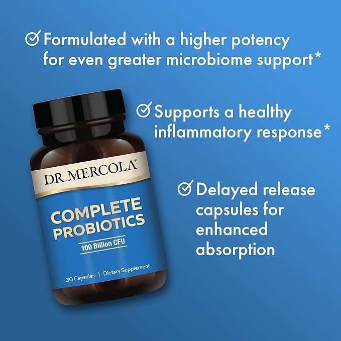 Dr. Mercola Complete Probiotics - 100 Billion CFU - Supports Immune Digestive &amp Gut Health - Contains 10 Probiotic Strains - Non-GMO Gluten-Free &amp Soy-Free - 30 Capsules (30 Servings)