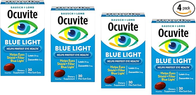 Bausch + Lomb Ocuvite Blue Light Eye Health – Mini Soft Gels with 25 mg Lutein + 5 mg Zeaxanthin – Eye Defense for Screen Time Gamers &amp Digital Device Users 30 ct (Pack of 4)