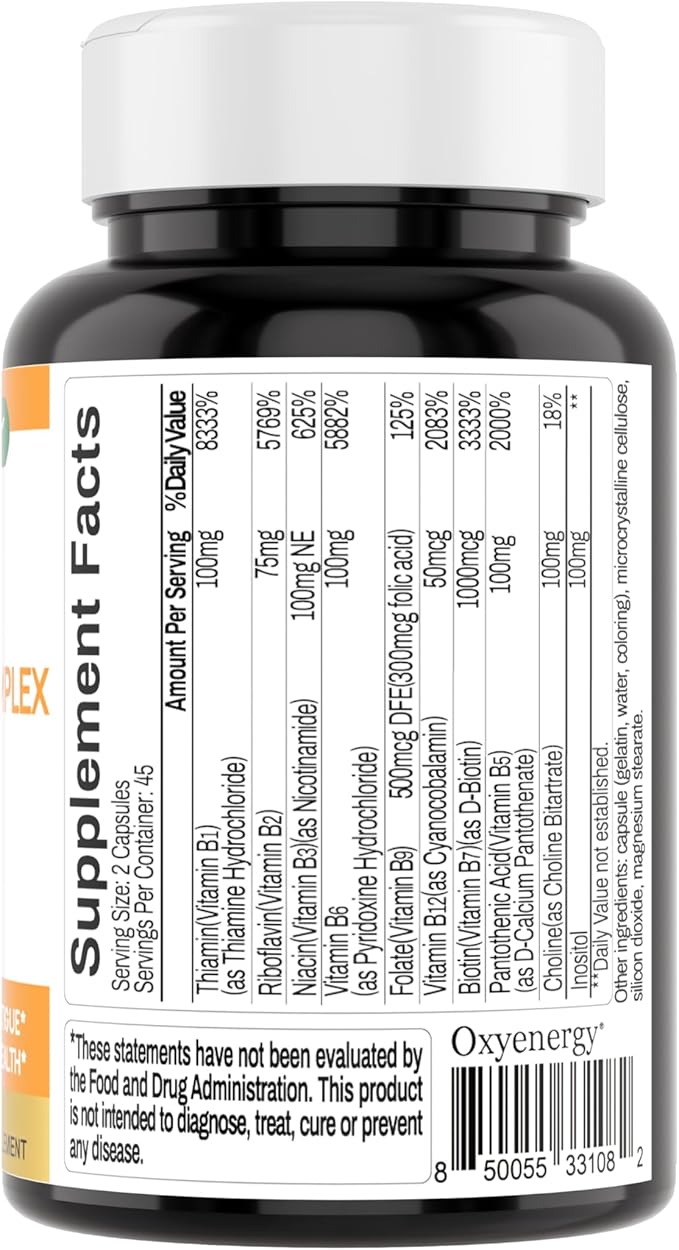 OxyEnergy Mega Vitamin B Complex for Women and Men with Choline Inositol Biotin Folic Acid B1 B2 B3 B5 B6 B12 Neurological Health Support Cellular Energy - 90 Capsules45Days Supply