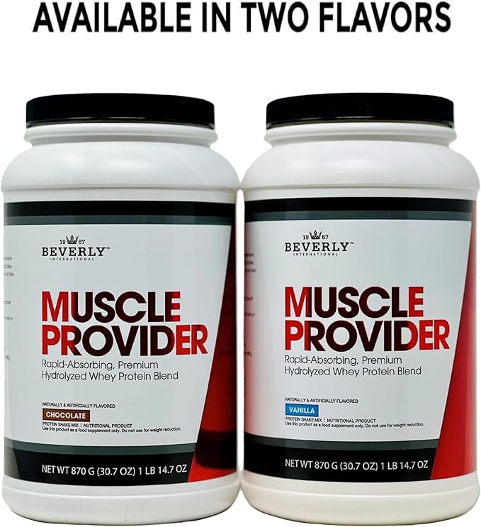 Beverly International Muscle Provider 28 Servings Chocolate. Super-Fast-Absorbing Whey Protein Powder for Recovery Lean Muscle. Fills Your Muscles not Your Stomach. Tastes Like ice Cream