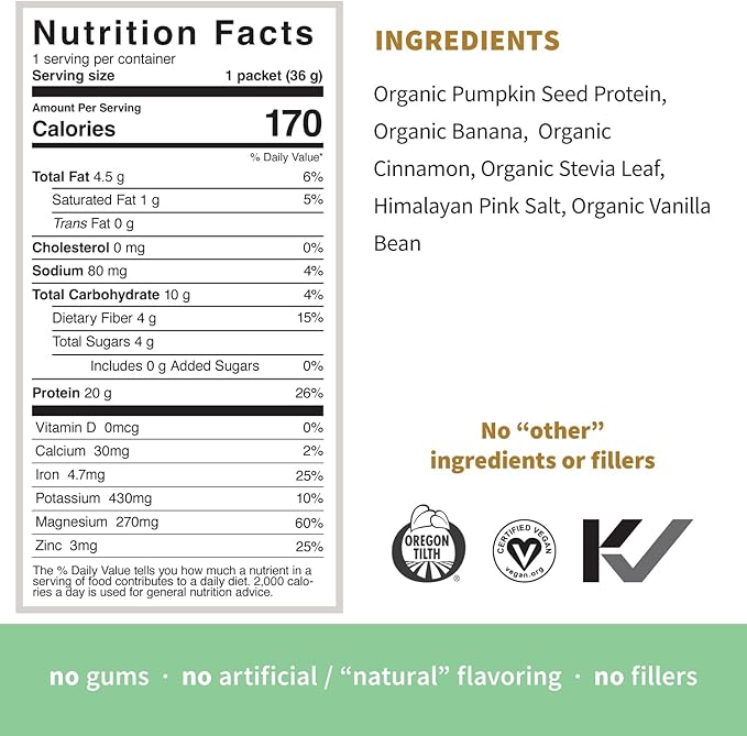 Sprout Living Organic Pumpkin Seed Protein Powder Vanilla Flavor 20 Grams of Plant Based Organic Protein Powder Without Sweeteners Non-GMO Dairy Free Vegan Gluten Free (1 Pound 13 Servings)