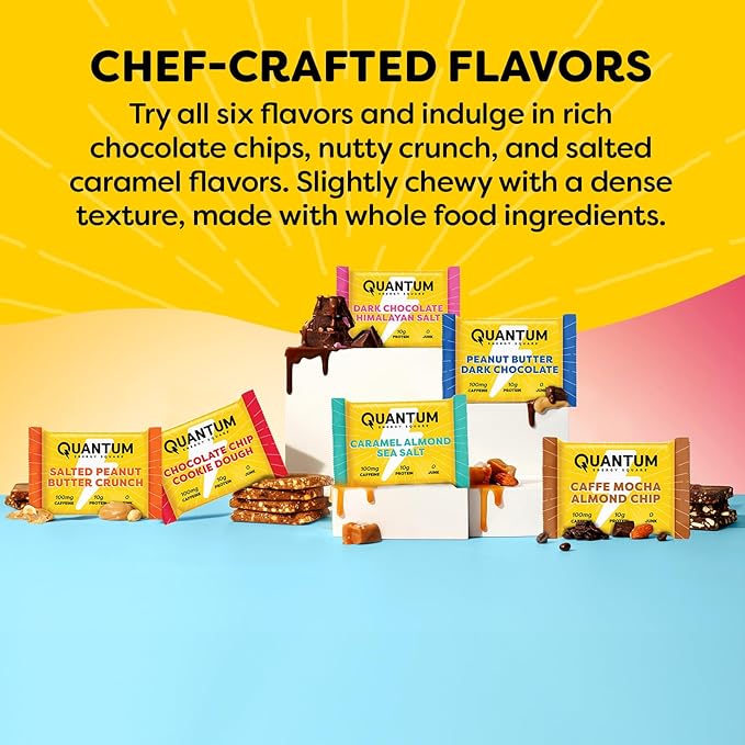 Quantum Energy Square: Energy Bar with Caffeine &amp 10g Protein. Delicious Healthy Snack On The Go. (Vegan Gluten-free Soy-free Dairy-free) (Variety 12-Pack)