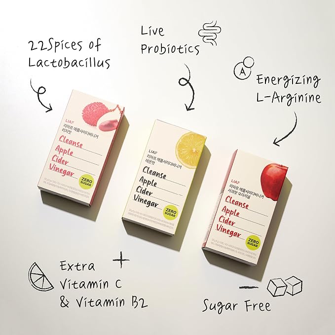 LIAF Apple Cider Vinegar | Variety Pack 3 Flavors Apple Lychee Lemon | 30 Individual Packets