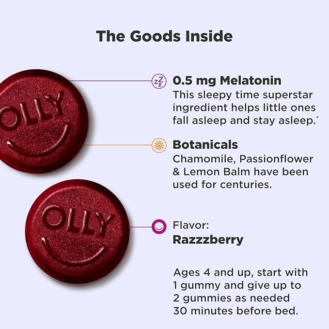 OLLY Sleep Gummy 3mg Melatonin 70ct Blackberry &amp Kids Sleep Gummy 0.5mg Melatonin 50ct Raspberry - L-Theanine Chamomile &amp Lemon Balm Supplement