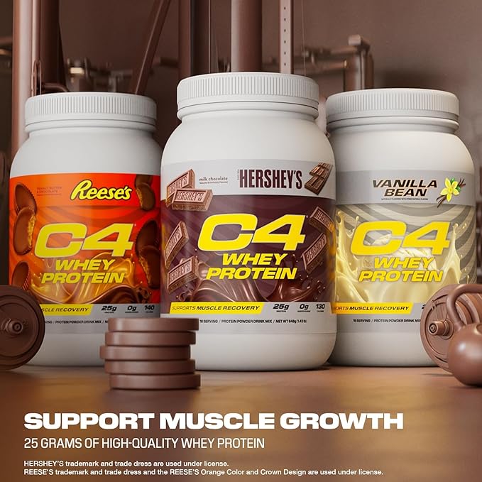 C4 Whey Protein Powder Reese's Peanut Butter &amp Chocolate - 25g Protein 0g Added Sugar 140 Calories Per Serving Supports Muscle Recovery 28 Servings Premium Whey for Post-Workout