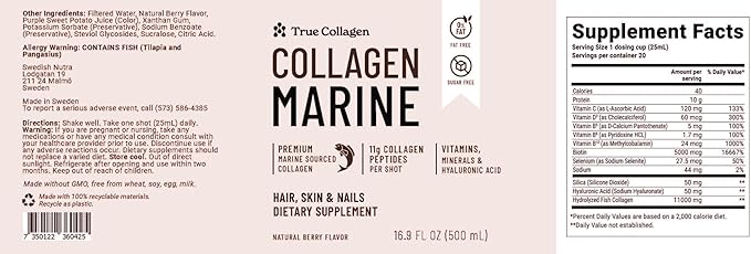 True Collagen Marine | 11000 mg Hydrolyzed Collagen Liquid Supplement - 2 x 500 ml (1000 ml) 40 Day Supply | Hyaluronic Acid Biotin and Vitamin C for Healthy Hair Skin and Nails | Sugar-Free
