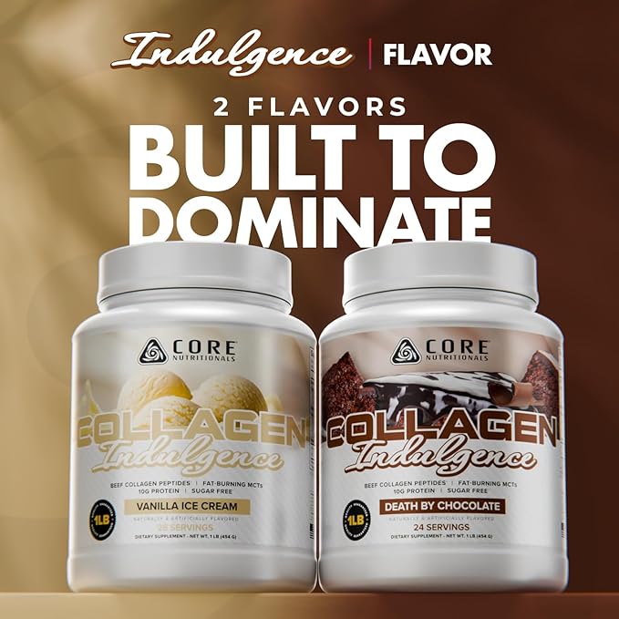 Core Nutritionals Collagen Indulgence | Hydrolyzed Collagen Peptides Type I &amp III | MCTs &amp Digestive Enzymes| Hair Skin &amp Nails | Bone &amp Joint Support | 24 Servings | 1 Pound (Vanill