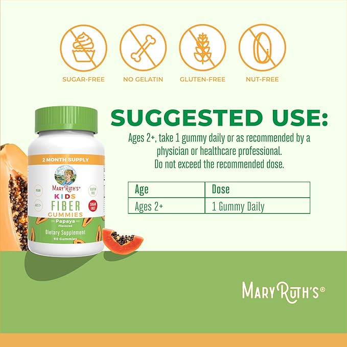 MaryRuth Organics Fiber Gummies for Kids | 2 Month Supply | Sugar Free | Soluble Fiber Supplement | Gut Health &amp Digestion Support | 3g Fiber per Gummy | Vegan | 60 Count