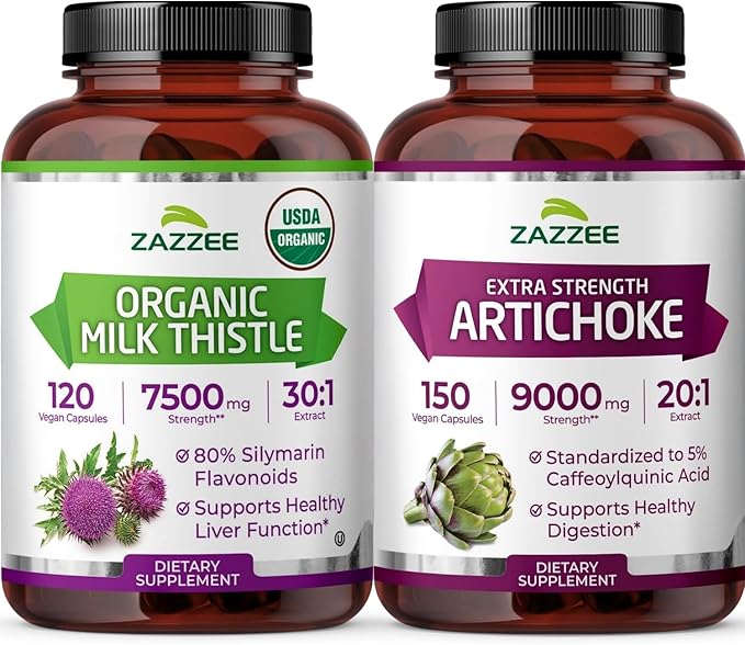 Zazzee USDA Organic Milk Thistle and Artichoke Supplement | 20:1 Artichoke Leaf Extract Plus 30:1 Milk Thistle Extract | Liver Cleanse Detox Bundle | Non-GMO Vegan &amp ISO Lab-Tested