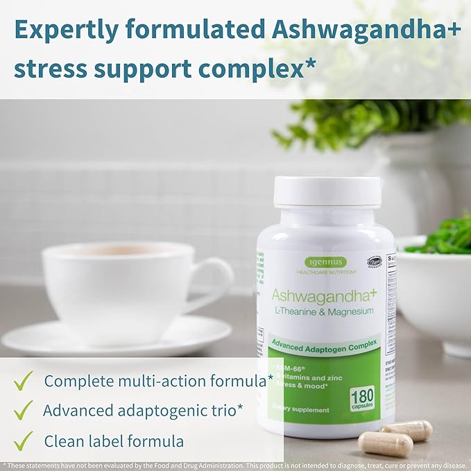 Igennus High Strength Ashwagandha KSM-66 Stress Relief Complex L-Theanine &amp Magnesium &amp Root Extract Adaptogens Methylated B Vitamins Calm &amp Sleep Support Clean Label 180 Fast Acting