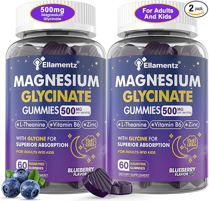 Magnesium Glycinate Gummies 500mg/250mg for Adults Kids Teens Sugar Free Magnesium Calm Sleep Aid Kids Sleep Gummies with L-Theanine Glycine B6 for Sleep Calm MuscleRelax BrainNo Melatonin2Pack