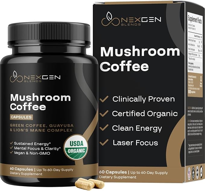 100% Organic Mushroom Coffee Capsules - Natural Energy Supplement with 130mg Caffeine from Clinically Proven Patented Green Coffee Bean &amp Guayusa Extracts for Jitter-Free Energy &amp Focus (60 Se