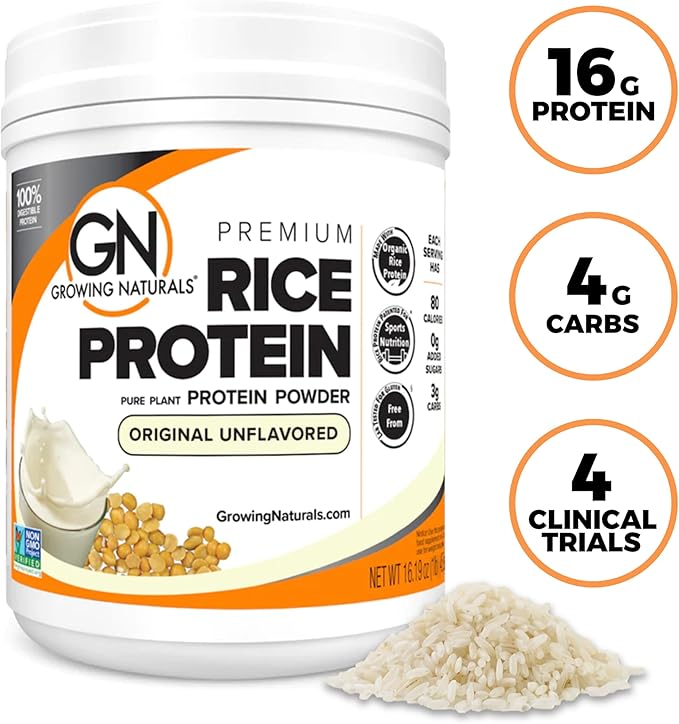 Growing Naturals Organic Rice Protein Powder - 15g Plant Protein 2.8G BCAA - Low-Carb Low-Sugar Non-GMO - Original Unflavored 16.2 Ounce (Pack of 1)