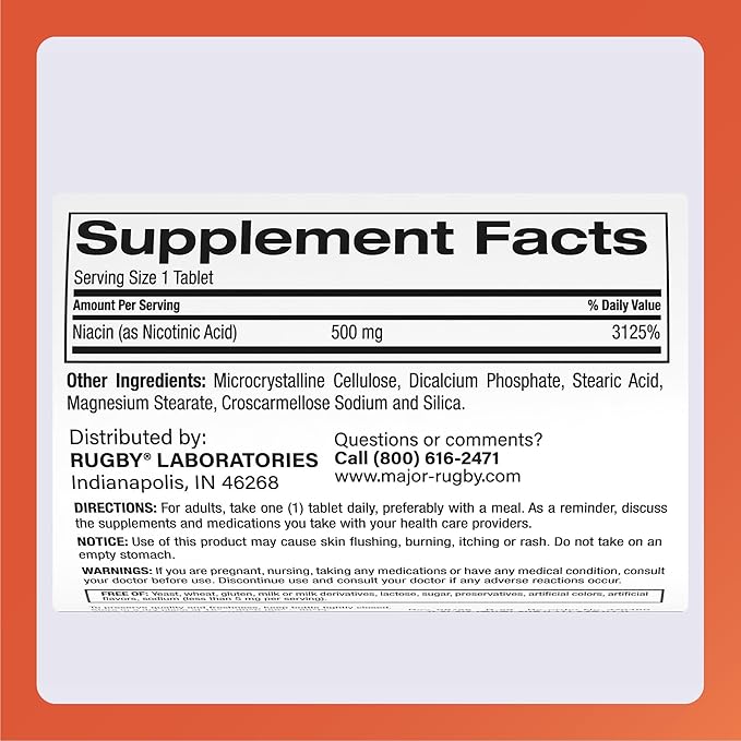Rugby Niacin 500mg - Vitamin B3 Supplement for Men and Women - 1000 Tablets (2-Pack)