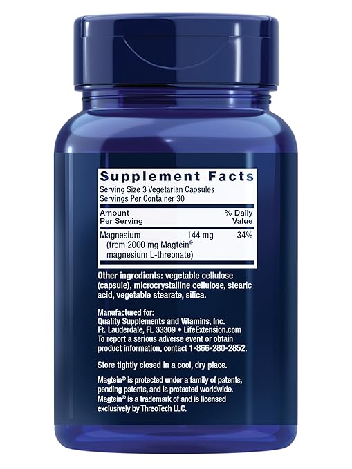 Life Extension Neuro-Mag Magnesium L-Threonate Memory Health Quick Thinking Cognitive Health Support Vegetarian Non-GMO 90 Vegetarian Capsules (144 mg from 2000 mg Magtein magnesium L-threonate
