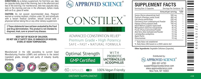 Approved Science Constilex - Rapid Constipation Relief &amp Support from Future Episodes - Promotes Healthy Levels of Bacteria and Strengthens Intestinal Flora - 6 Bottles