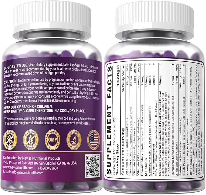 Melatonin 100mg for Antioxidant &amp Cognitive Health Ultra High Dose Melatonin with CoQ10 Turmeric Trans-Resveratrol Vitamin B12 C E for Brain Anti-Aging Cellular Repair and Energy 75 Softgels